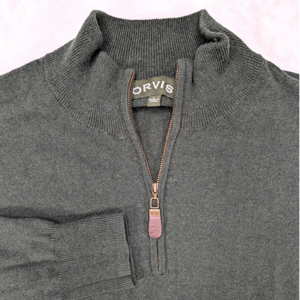 Orvis Mens Large Dark Green Cotton Silk Cashmere Quarter Zip Mock Neck Sweater